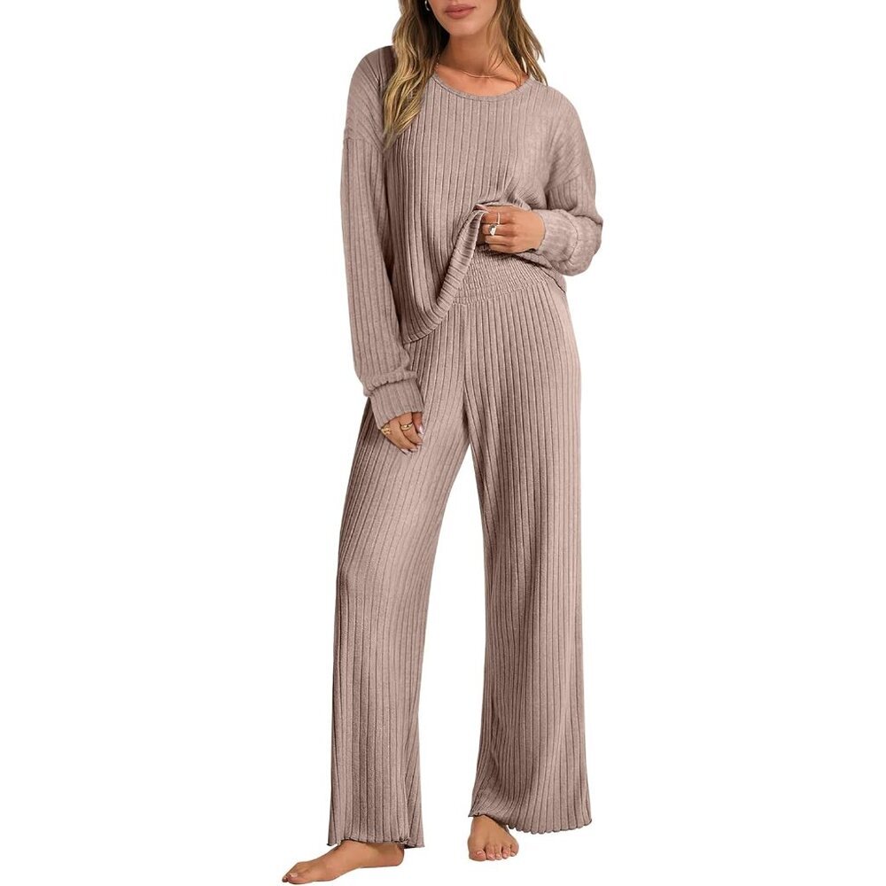 Women’s 2 Piece Lounge Pajama Set Ribbed Knit Long Sleeve Pants Casual